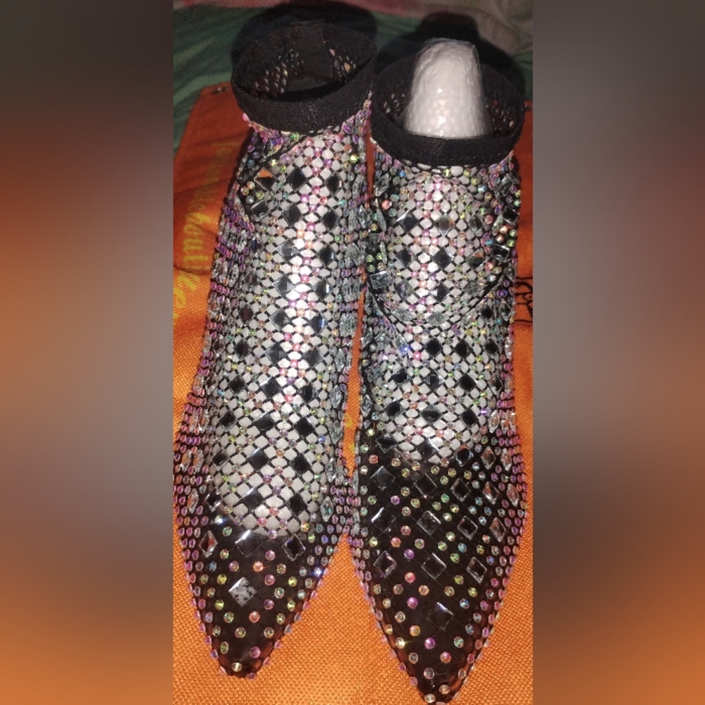 Iridescent Studded Pointed-Toe Ankle Boots -Black with Clear Stud.